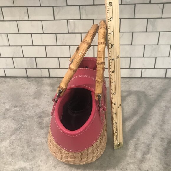Miche Straw Basket Handbag Womens Pink Leather Trim Bamboo Handles Insert Tote - Picture 10 of 10